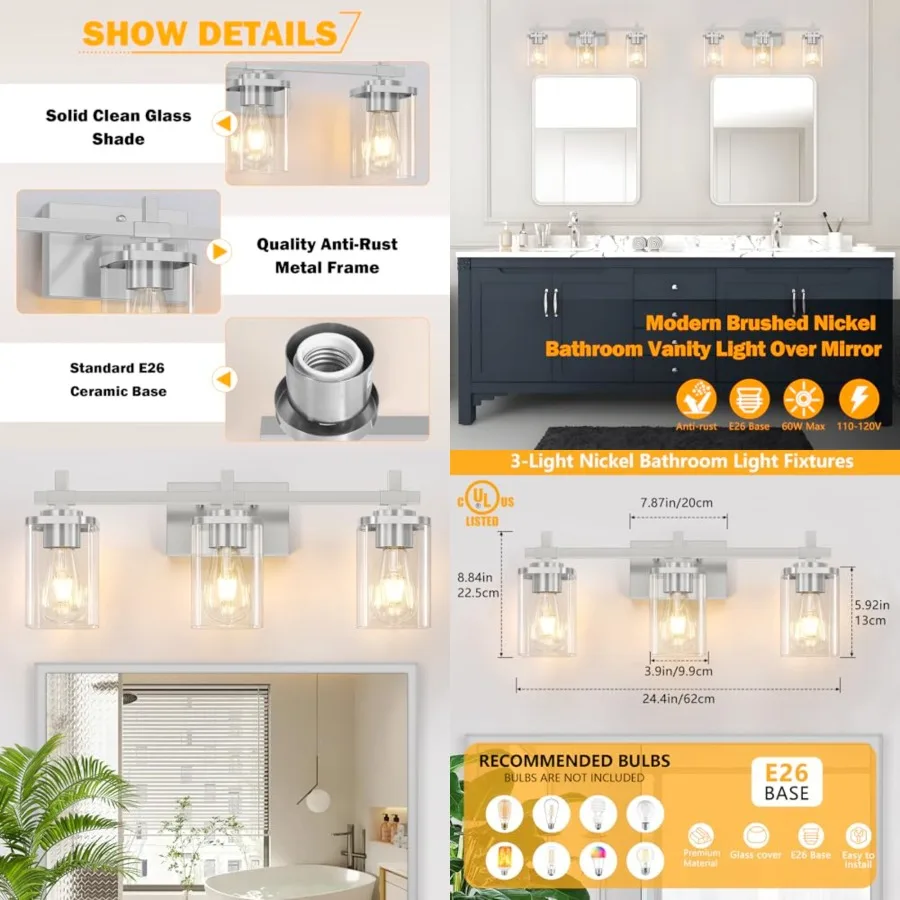 

Brushed Nickel Bathroom Light Fixtures, Bathroom Vanity Light with Glass Shades, Modern Vanity Lights for Mirror, Wall Lights f