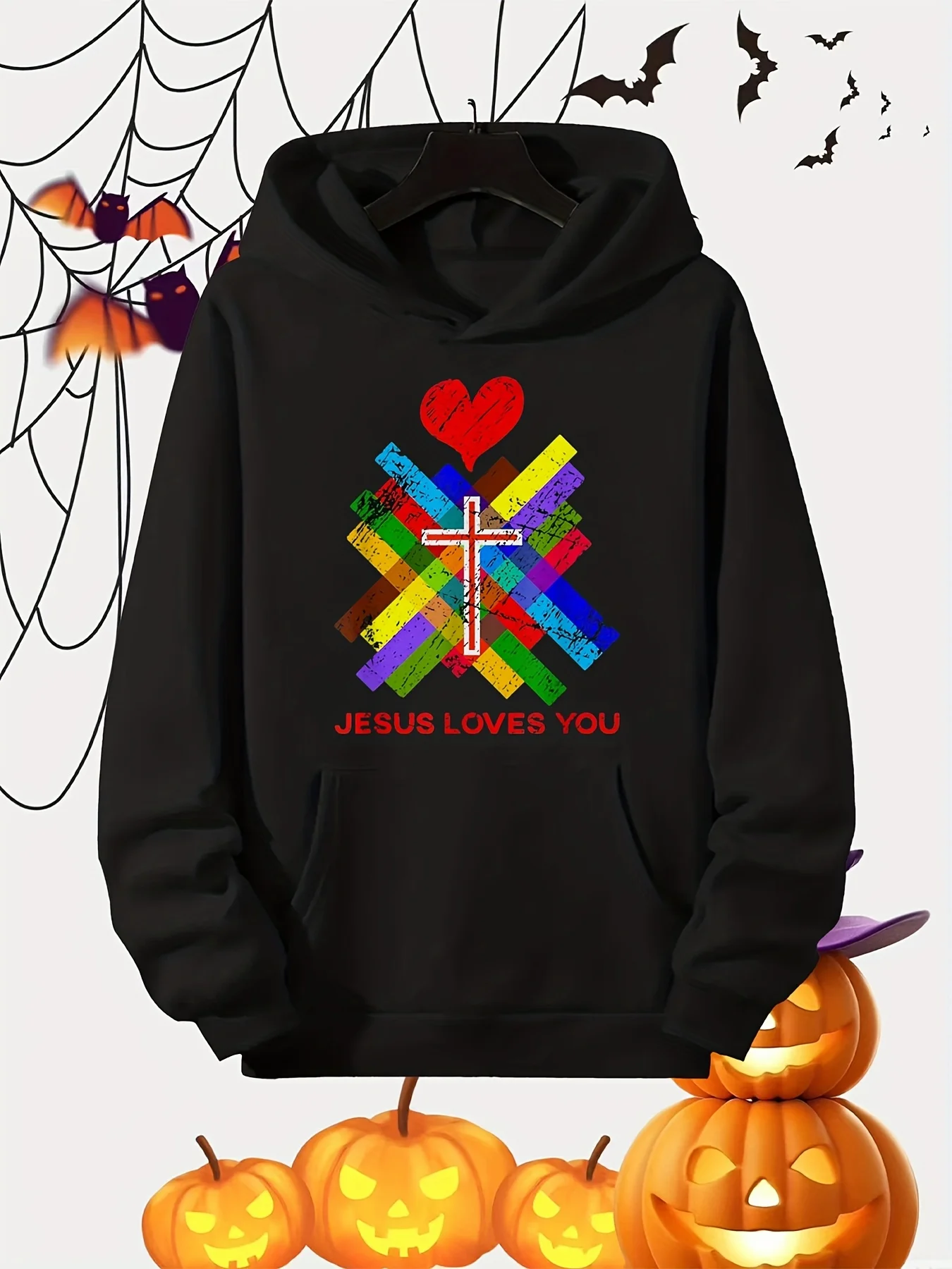 سترة بقلنسوة Jesus Loves You Christian Faith للرجال - سترة بأكمام طويلة برمز مسيحي 100% مع كانجا #1