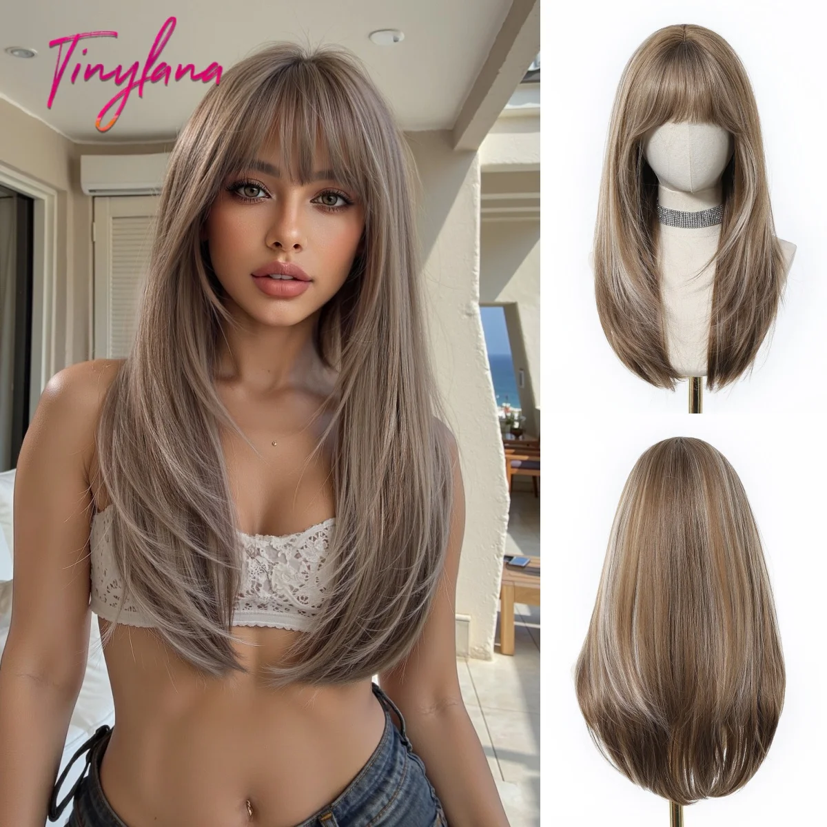 Light Brown Ombre Long Straight Synthetic Wig Layered with Bangs Natural Textured Heat Resistant Hair for Women Daily Use