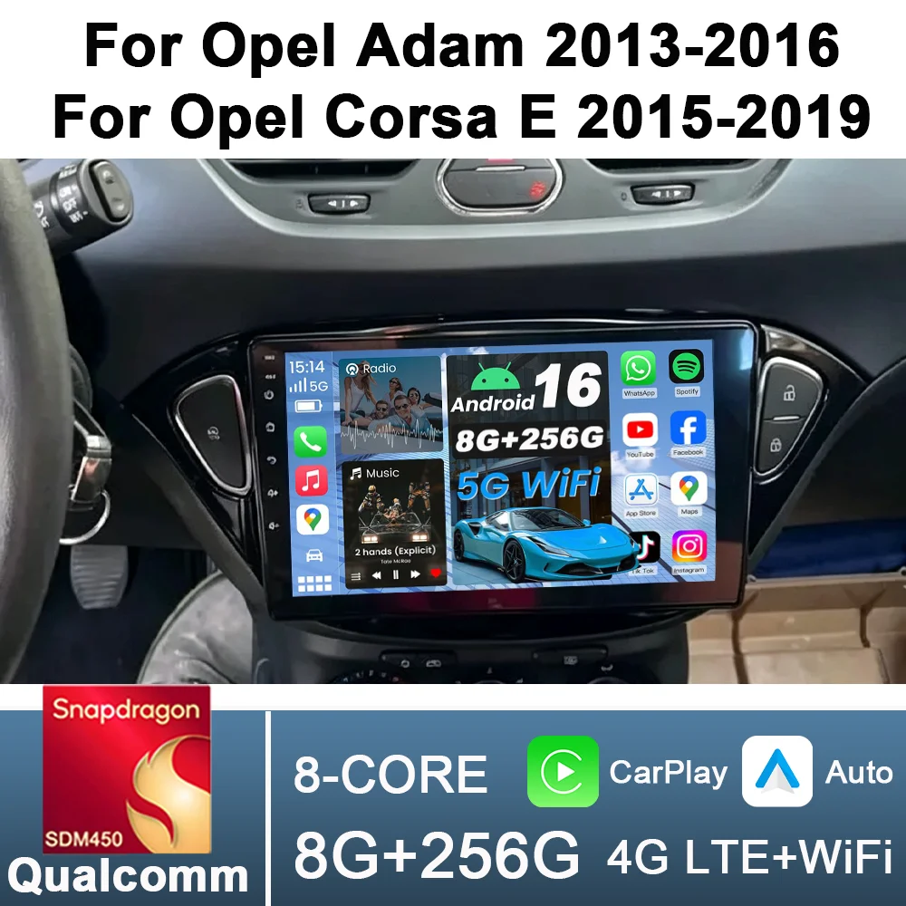 2Din 9inch CarPlay Android Auto Car Radio for Opel Adam 2013-2016 for Opel Corsa E 2015-2019 Multimedia Navigation Qualcomm WIFI