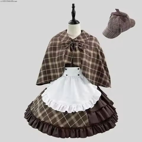 Detective Suit Anime Cosplay Costume Maid Dress Lolita with Apron Brown Lolita Women Dress Short Sleeved Outfit