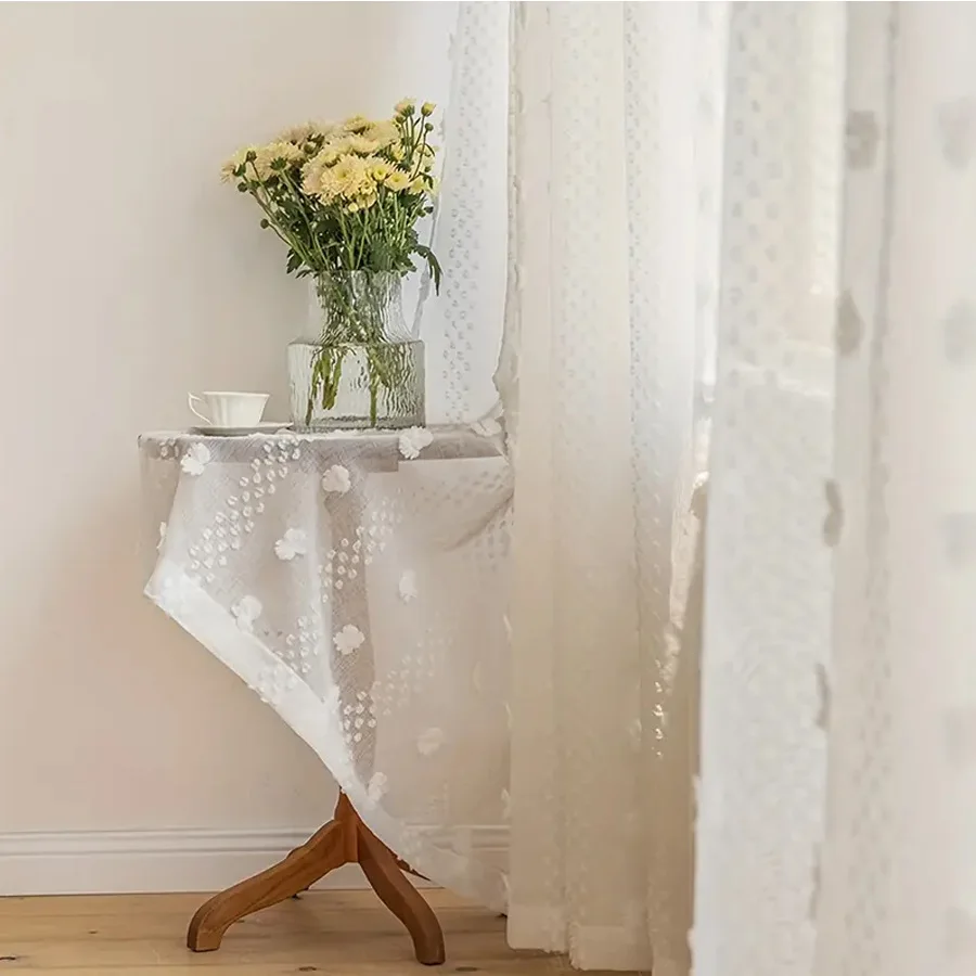 White Sheer Curtains for Living Room Bedroom Farmhouse Boho Drapes White Pom Pom Curtain Tufted Semi Sheer Nursery Kids