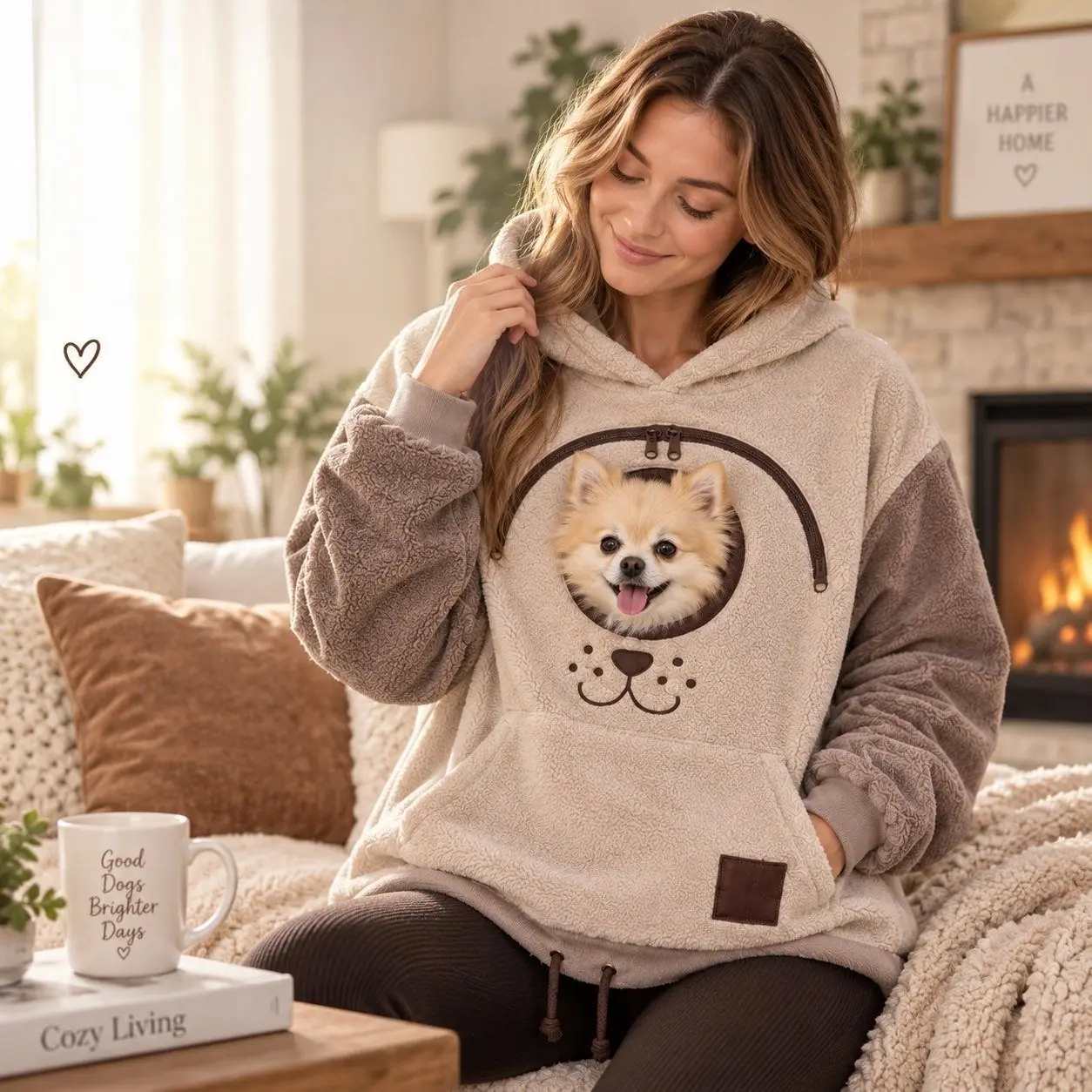 Women Winter Hooded Lamb Velvet Zipper Kangaroo Pocket Cat Dog Mommy Outwear Sweatshirt Comfortable Street Style Trendy Fashion
