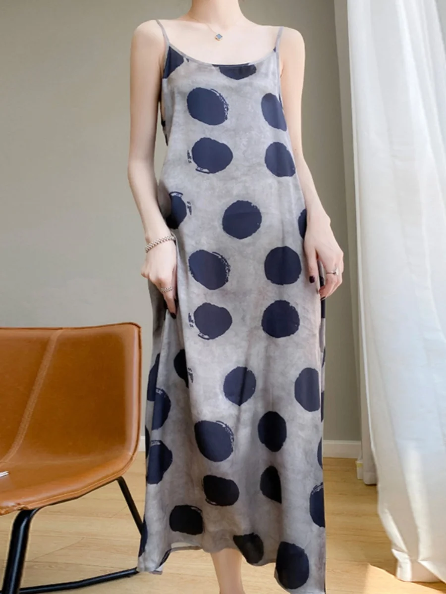 2025年夏 レディース ゆったり 着痩せ効果 ポルカドット柄 マキシ丈 ドクターアセテートサテン ラップドレス 韓国風 スリーブ ラウンドネック Aライン ガウン
