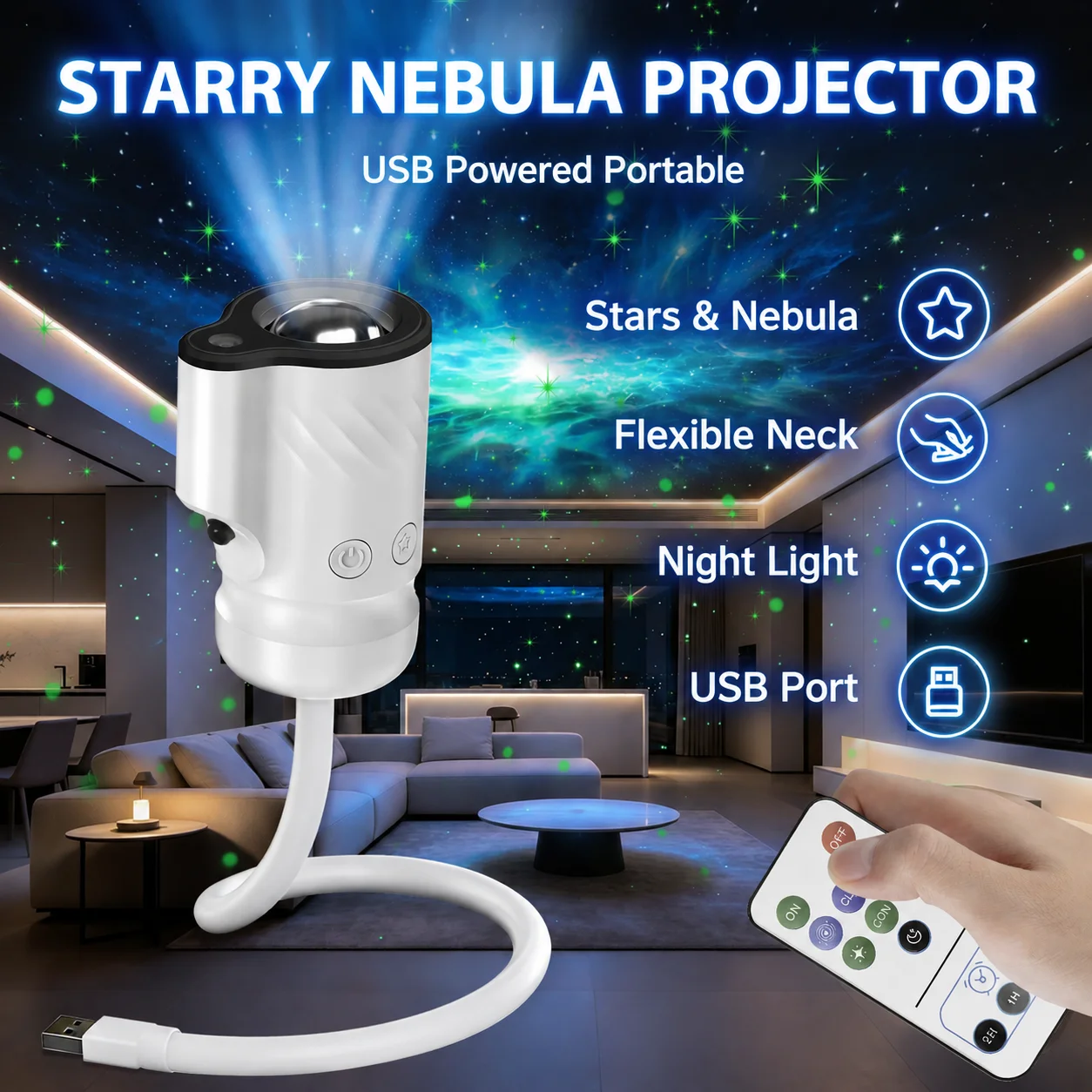 USB Starry Sky Projector Night Light, Galaxy Nebula Atmosphere Lamp for Bedroom Car, USB Rechargeable Dimmable