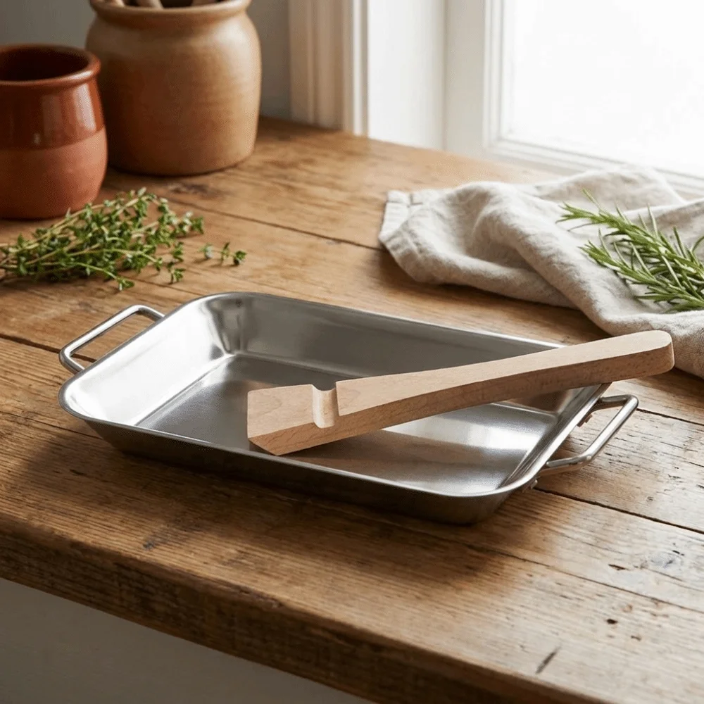 Bandeja Rectangular Antiadherente de Acero Inoxidable con Asa de Madera para Asar Carne, Resistente al Calor, Apta para Horno, para Queso y Pescado a la Parrilla