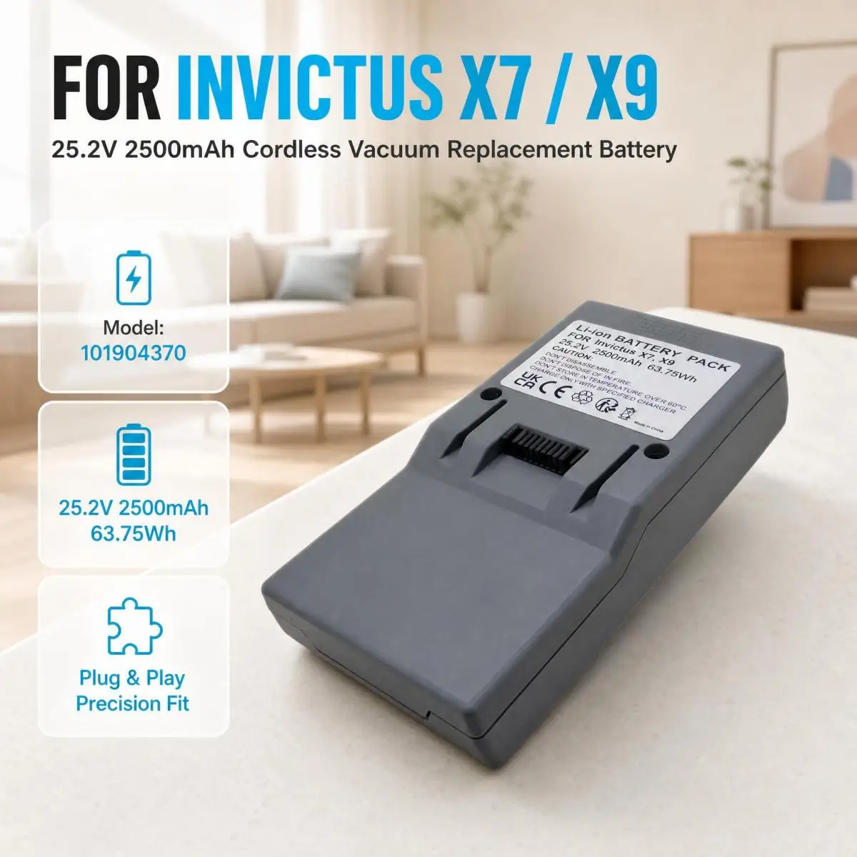 25.2V 2500mAh Replacement Battery Compatible with Genius Invictus X7 X9 101904370 Cordless Vacuum Cleaner