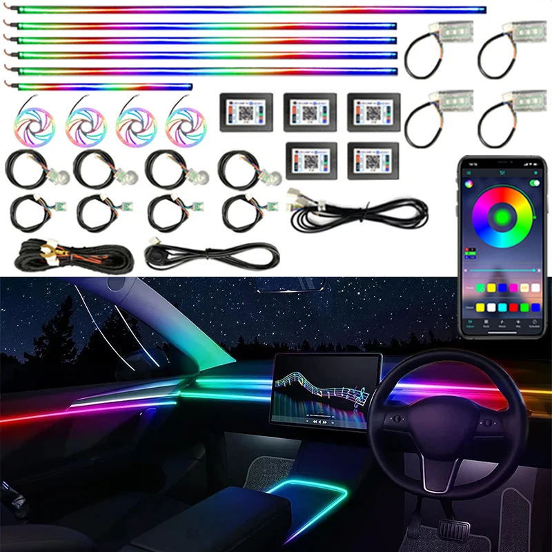 

Chic LED Vehicle Atmosphere Light: 64+ Color Options with Dynamic Effects, APP Enabled, Changeable Modes, Concealed Acrylic Stri