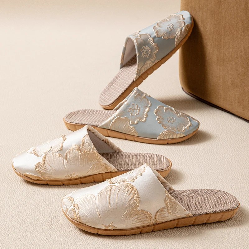 Silk Mule Slippers Women Home Elegant Floral Linen Summer Shoes Ladies Silent Indoor Slides Unisex Couple Lightweight Anti-Slip view 4