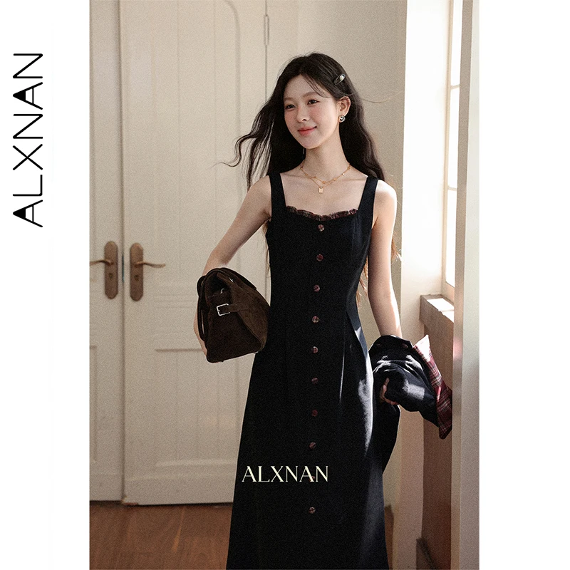 

ALXNAN Sleeveless Dress Women's Halter Top Soft Twill Brushed Fabric A-Line 2025 New Autumn Elegant Party Long Dresses L57105