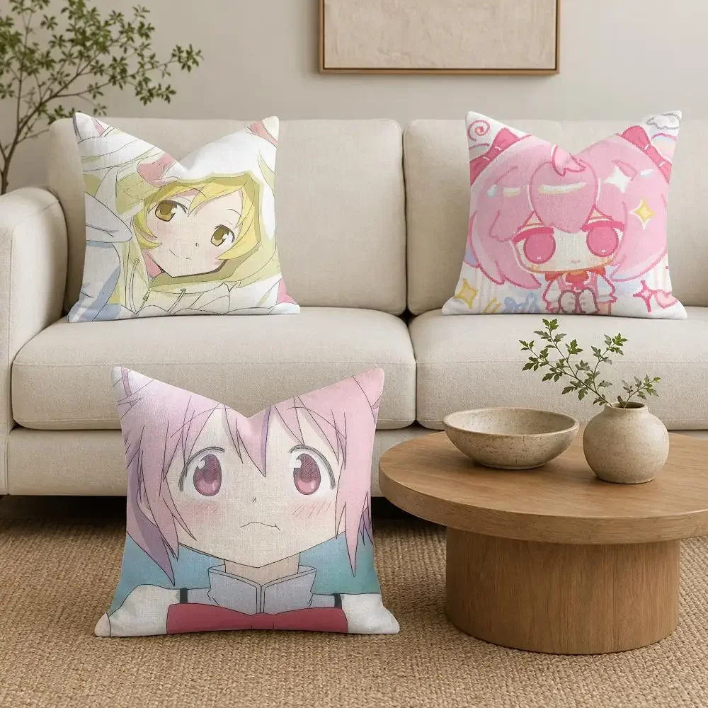 P-Puella Magi Madoka Magica Cushion Cover Organic Natural Linen Pillowcase with Double Sided Print for Sofa Home Decor Gift