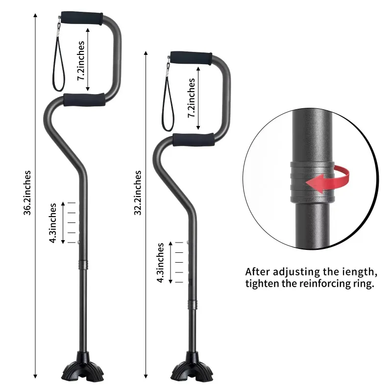 Ergonomic Handle Adjustable Quad Walking Cane Height-Adjustable Stable Base for Elderly/Disabled Mobility Aid Walking Stick