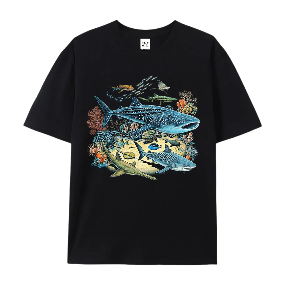 Unisex Vintage Ocean Shark Graphic T-shirt Men Women Casual Loose Short Sleeve Cotton Tee Marine Life Coral Streetwear Tops
