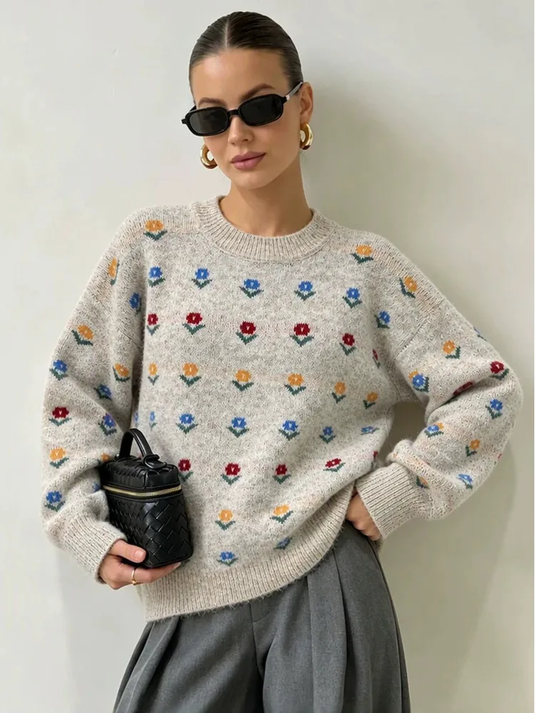 Colorful Floral Knit Sweater For Women 2026 Autumn Winter Long Sleeve O-neck Pullover Female Casual Jumpers