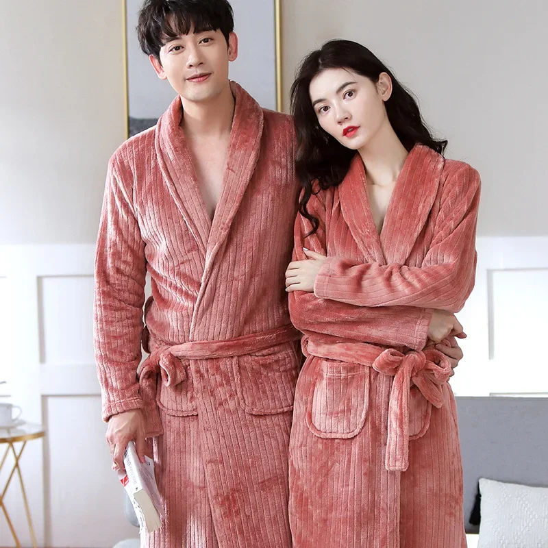 Coral Fleece Couple Pajamas Nightgown Thickened Warmth Winter Robe  Bathrobe Loose Homewear Pajamas for Men and Women Sleepwear