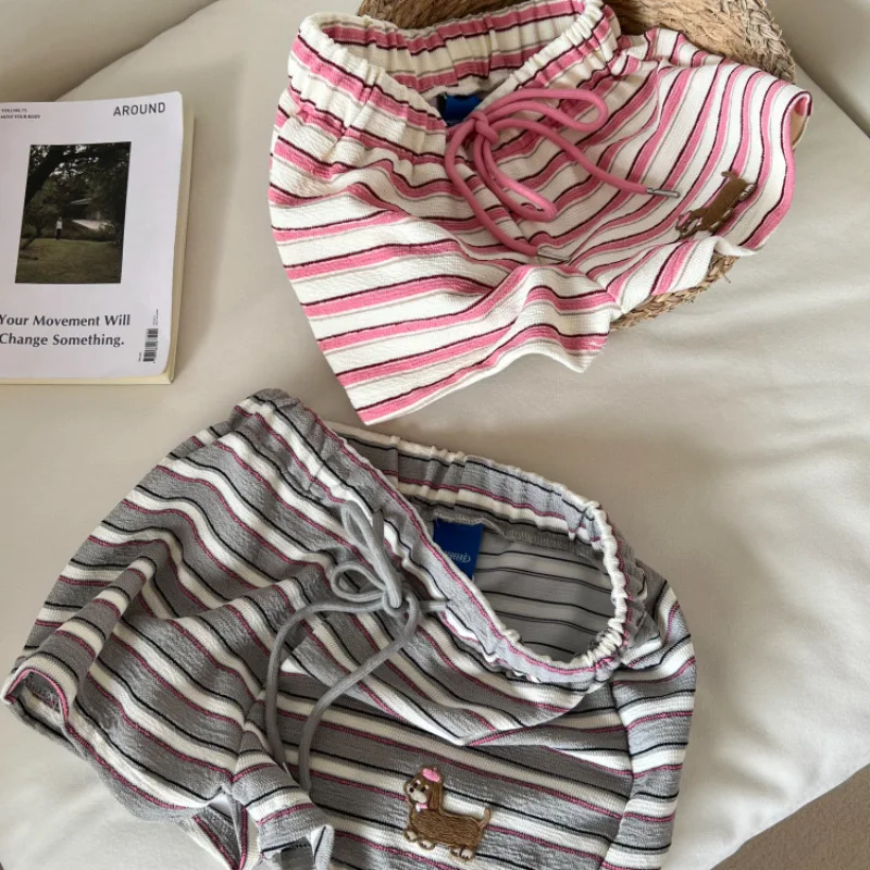 Koreansweet Andcute New Striped Pajama Pants Women's Summer Skin-friendly Puppy Large-size Shorts Home Pants Can Be Worn Outside