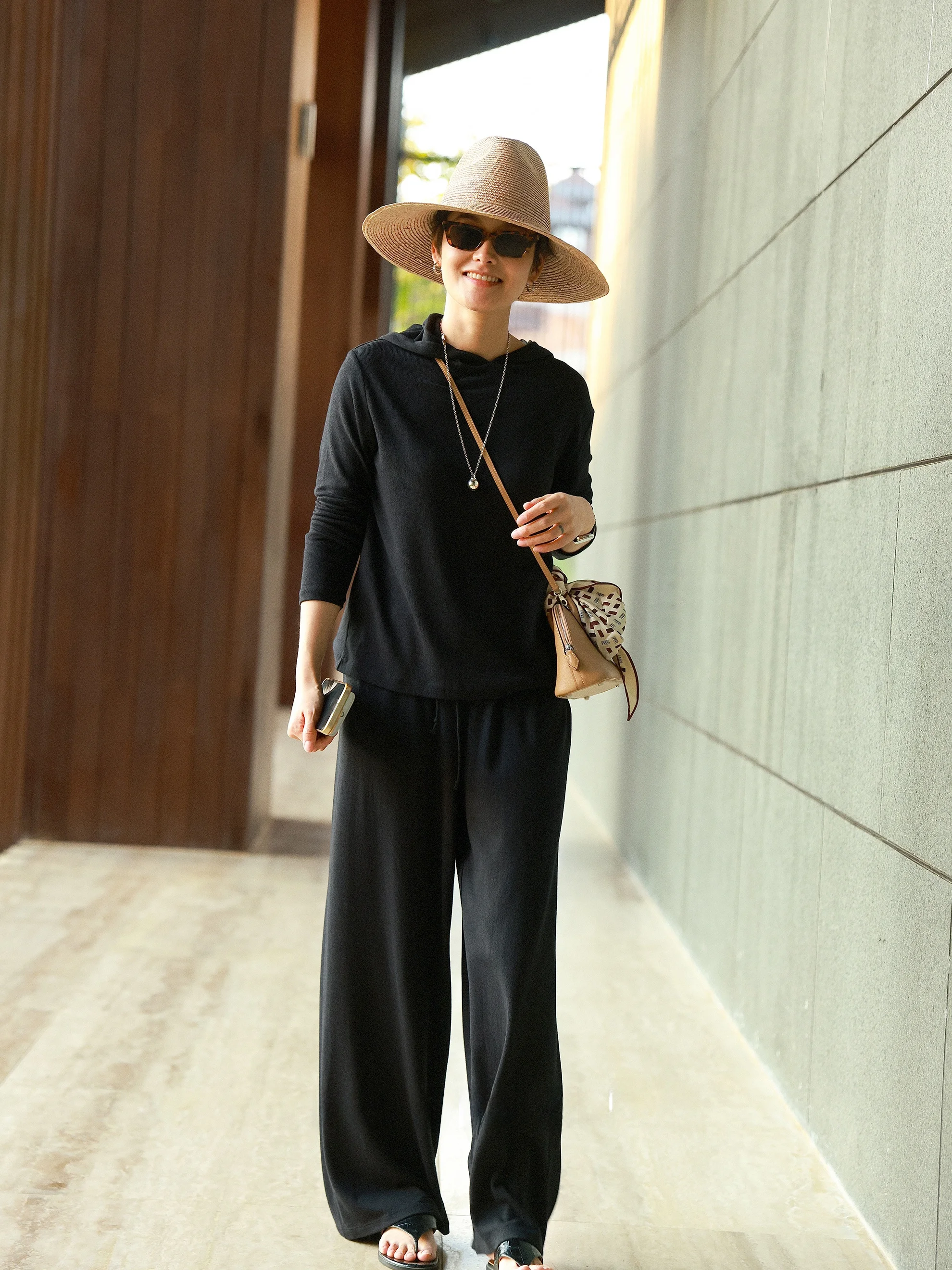 

MsDidion Spring Rain Season Elastic Knitted Hat Set Hooded Top Casual Loose Fit Long Pants Women's Polyester Blend Knitwear