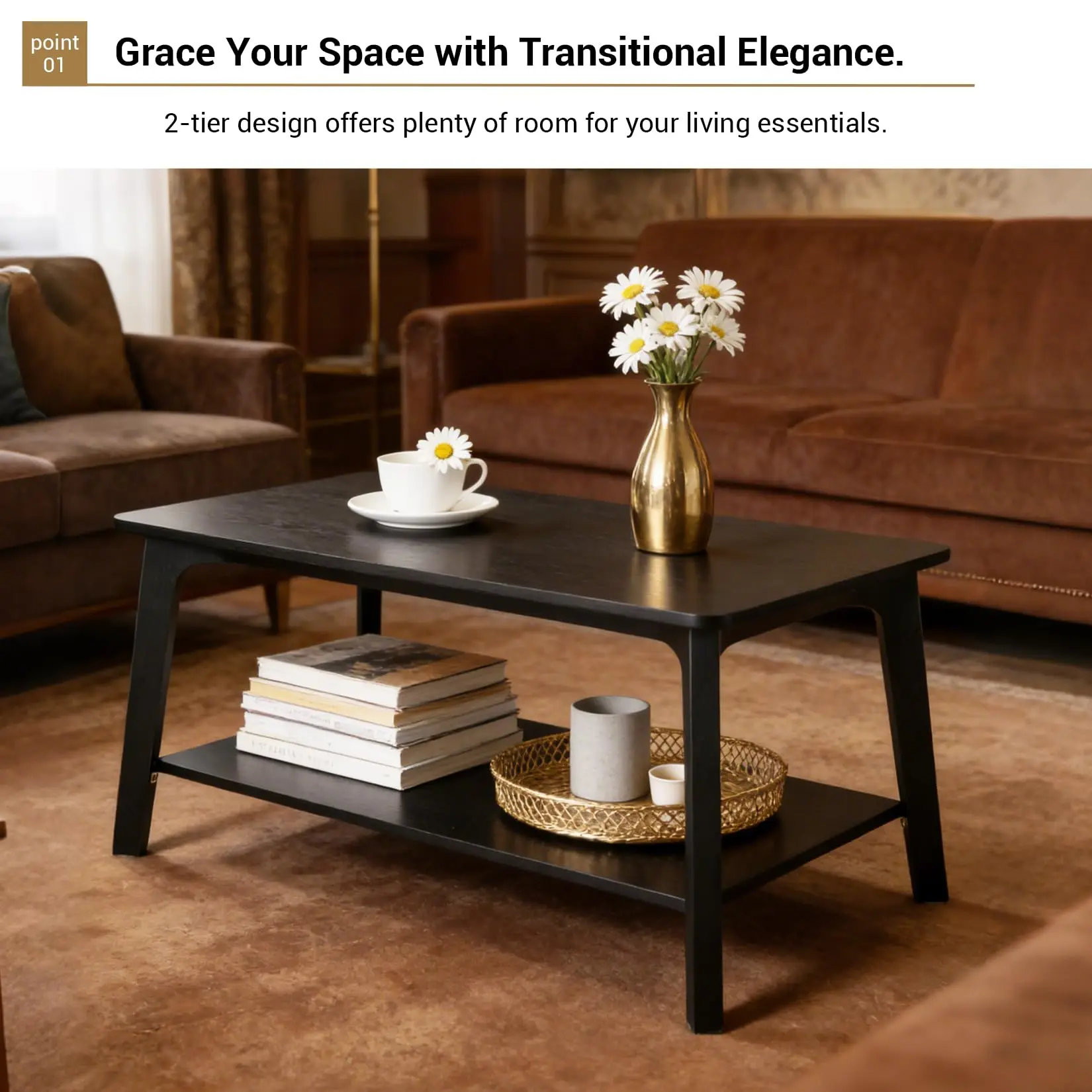Mid Century Modern 2 Tier Coffee Table With Storage Black image 3