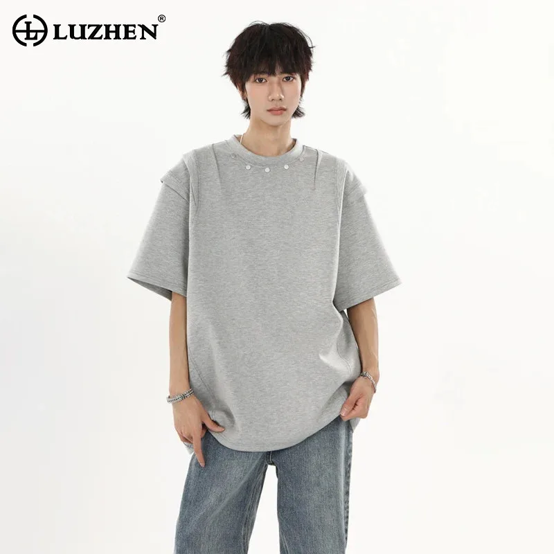 LUZHEN Loose Round 2026 Decorate Summer Neck Rivet Metal Casual T-shirts Men Fashion Korean Solid Color Short Sleeve Tops JY8493