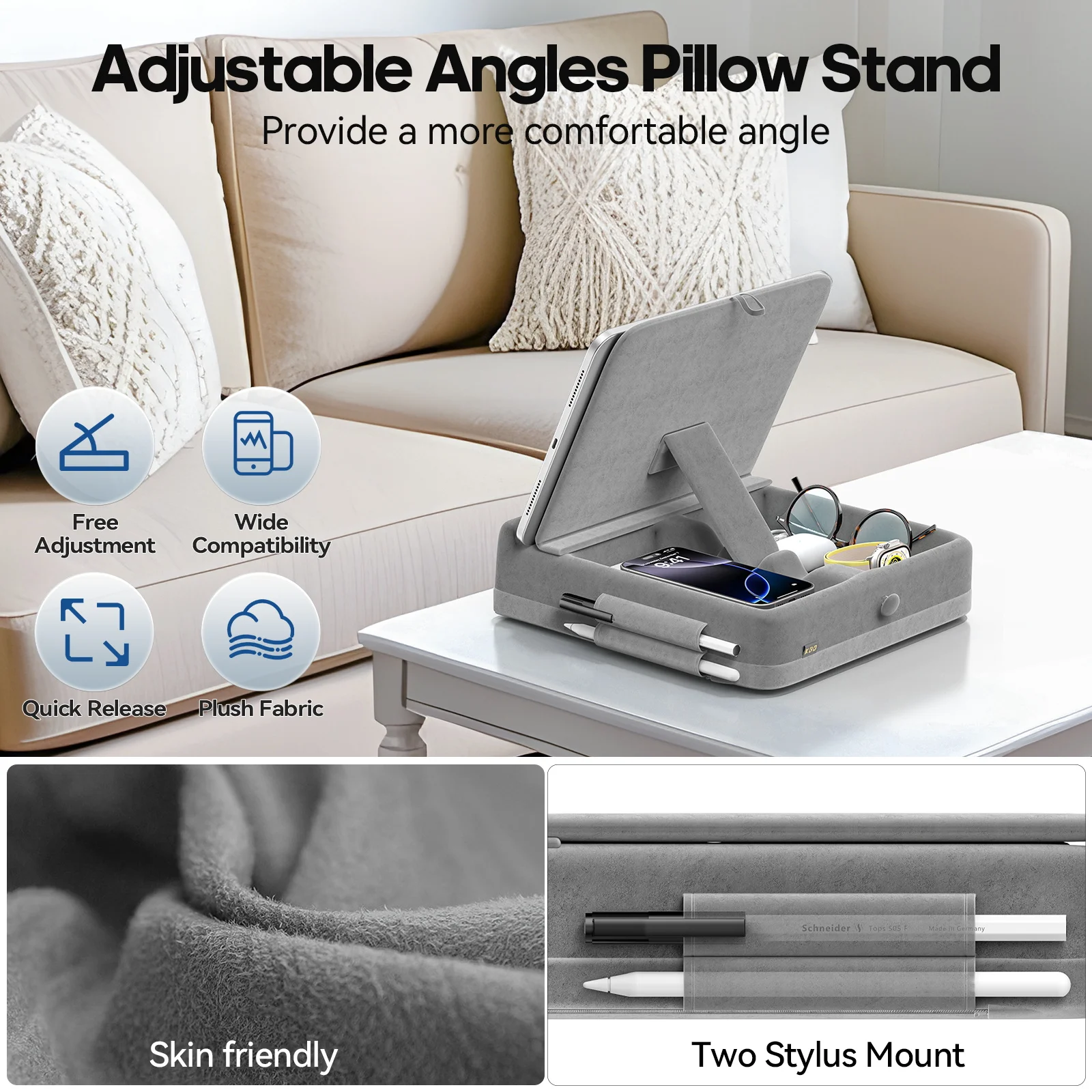 Tablet Pillow Stand with Storage Foldable iPad Holder for Bed & Lap and Desk Angle Adjustable Soft Pad Dock with Stylus Mount