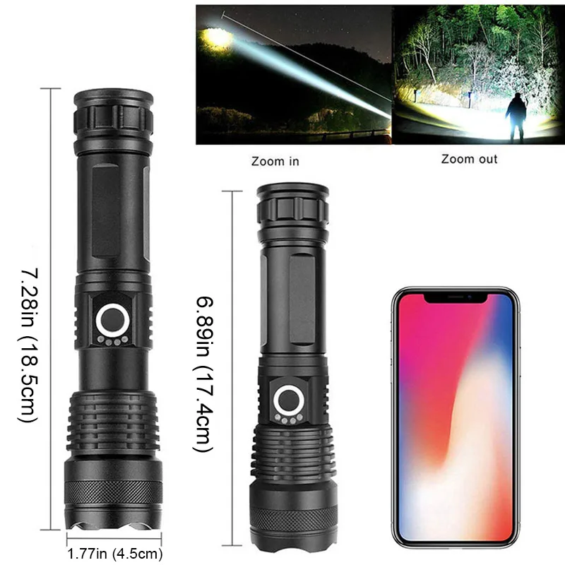 Hochleistungs-LED-Taschenlampe, superhelle wiederaufladbare USB-Taschenlampe aus Aluminiumlegierung mit 26650-Akku, zoombares Blitzlicht für die Jagd – Detail 6