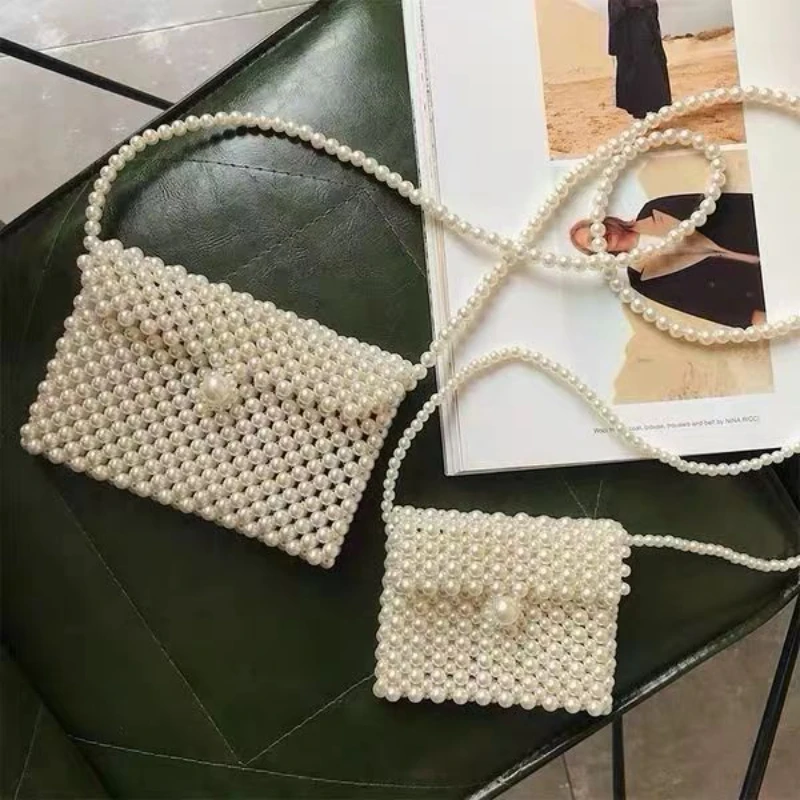 Fashion Pearl Woven Crossbody Bags for Women Small Wallet Handbags Luxury Ladies Phone Flap Shoulder Bag