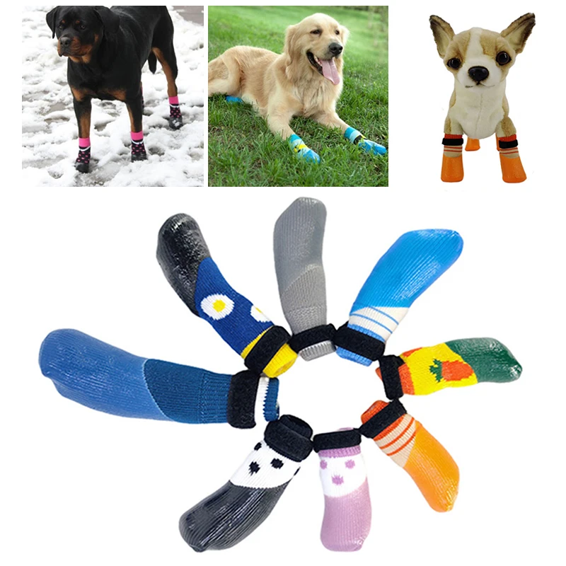 4Pcs/set Dog Rain Snow Boots Rubber Cotton Socks Pet Dog Shoes Warm Socks Waterproof Non-slip Footwear For Puppy Small Cats Dogs