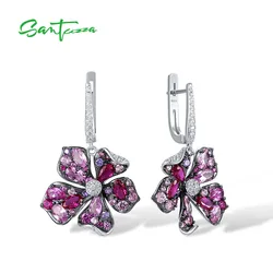 SANTUZZA Genuine 925 Sterling Silver Earrings For Women Pink Lily Blooming Flower Dangling Earrings Lovely Fine Jewelry Handmade