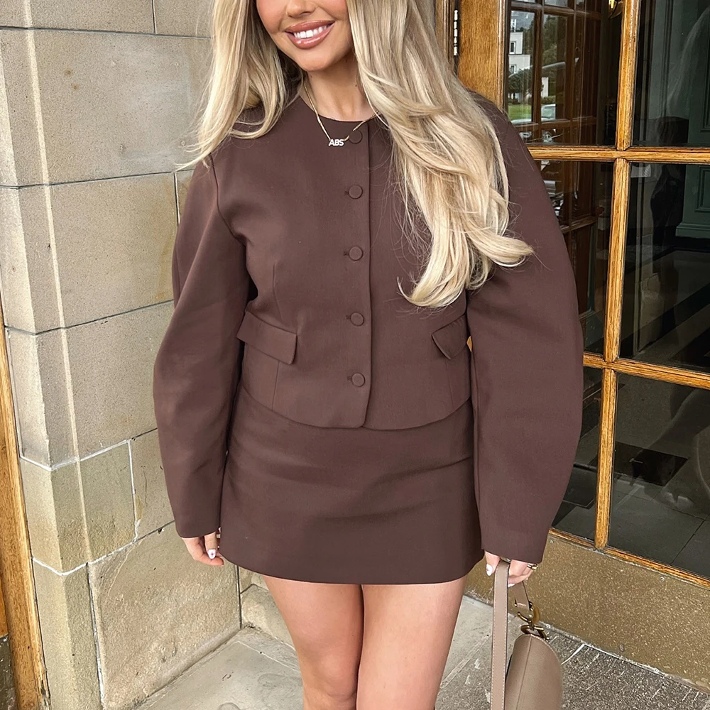 TWOTWINSTYLE Solid Two Piece Set For Women Round Neck Long Sleeve Spliced Buttons Top High Waist Skirt Temperament Sets Female