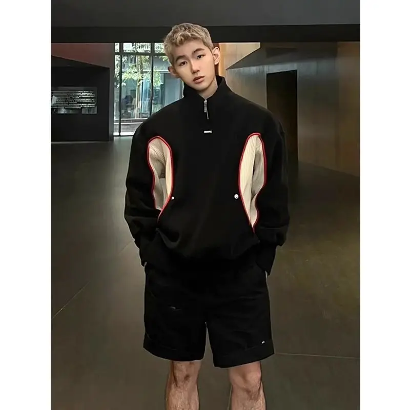 

American retro contrasting color spliced ​​stand collar motorcycle sweatshirt men's spring and autumn loose casual jacket