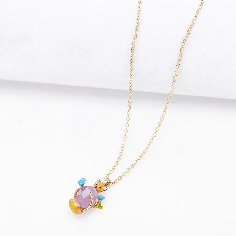 Trendy Niche Design Coloured Glazed Cartoon Fox Purple Gemstone Stone Blue Flower Pendant Necklace for Women Cute Gift for Girls