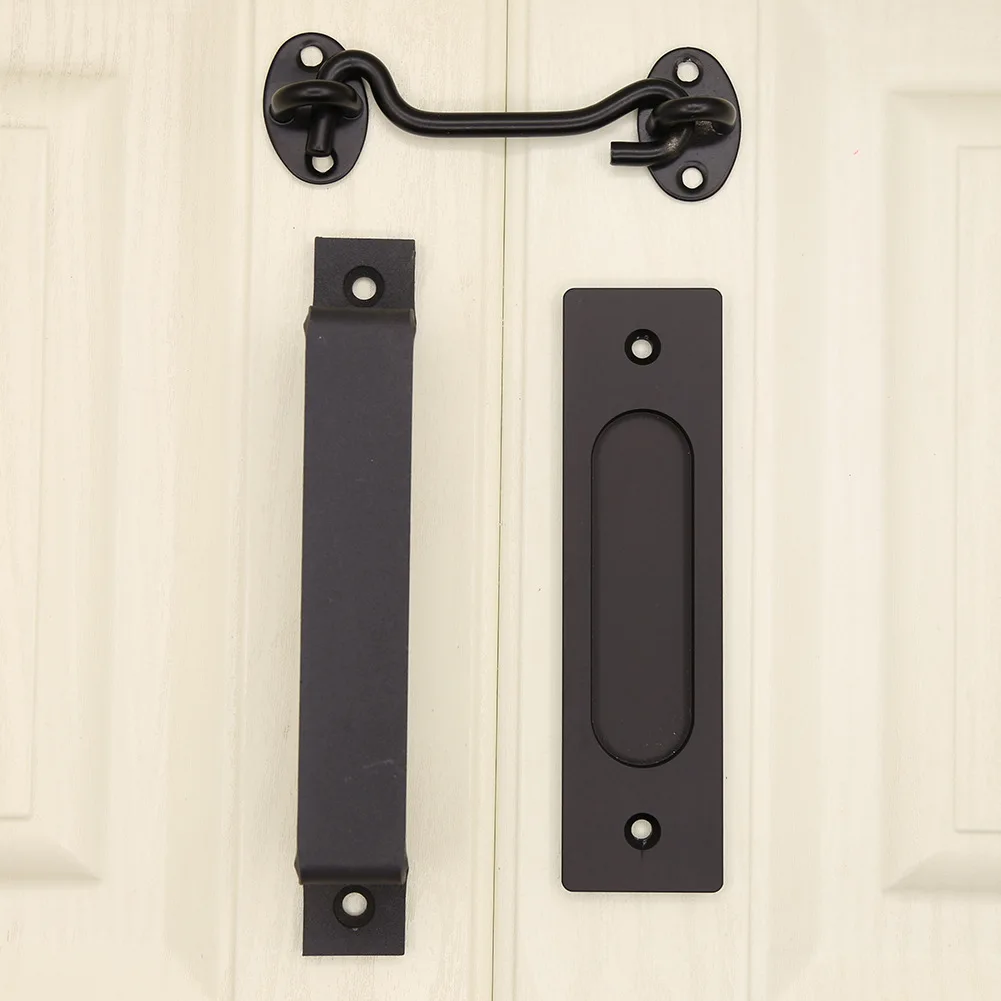 Black barn door handle lock hook door hook set for large sliding barn doors. Easy to install without requiring a groove.