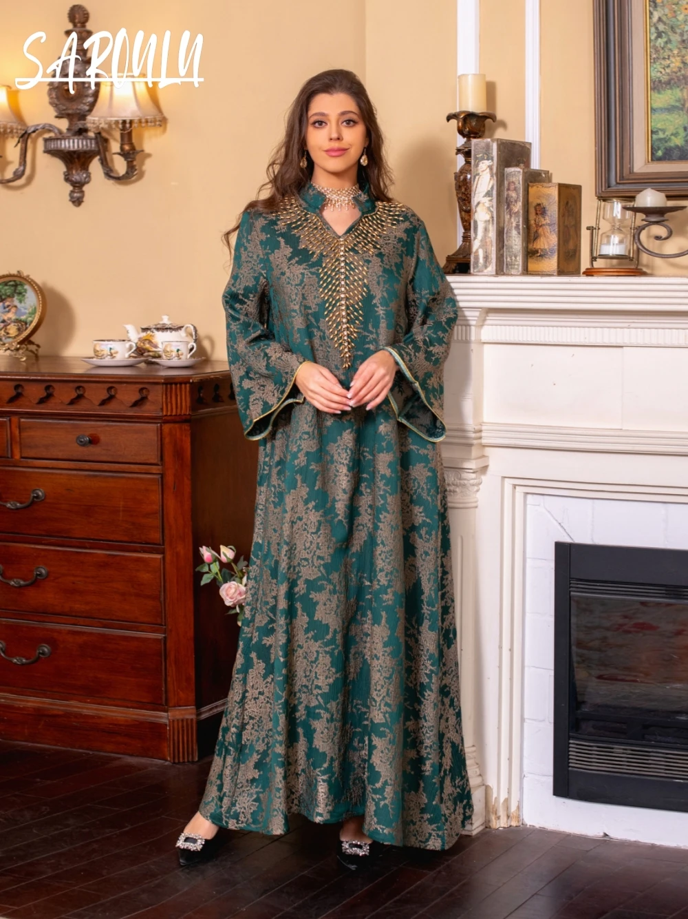Kaftan Golden Lace Loose Evening Dress, Vintage Stand Collar Muslim Prom Gown, Stylish Beaded Gorgeous Robe, Formal Occasions