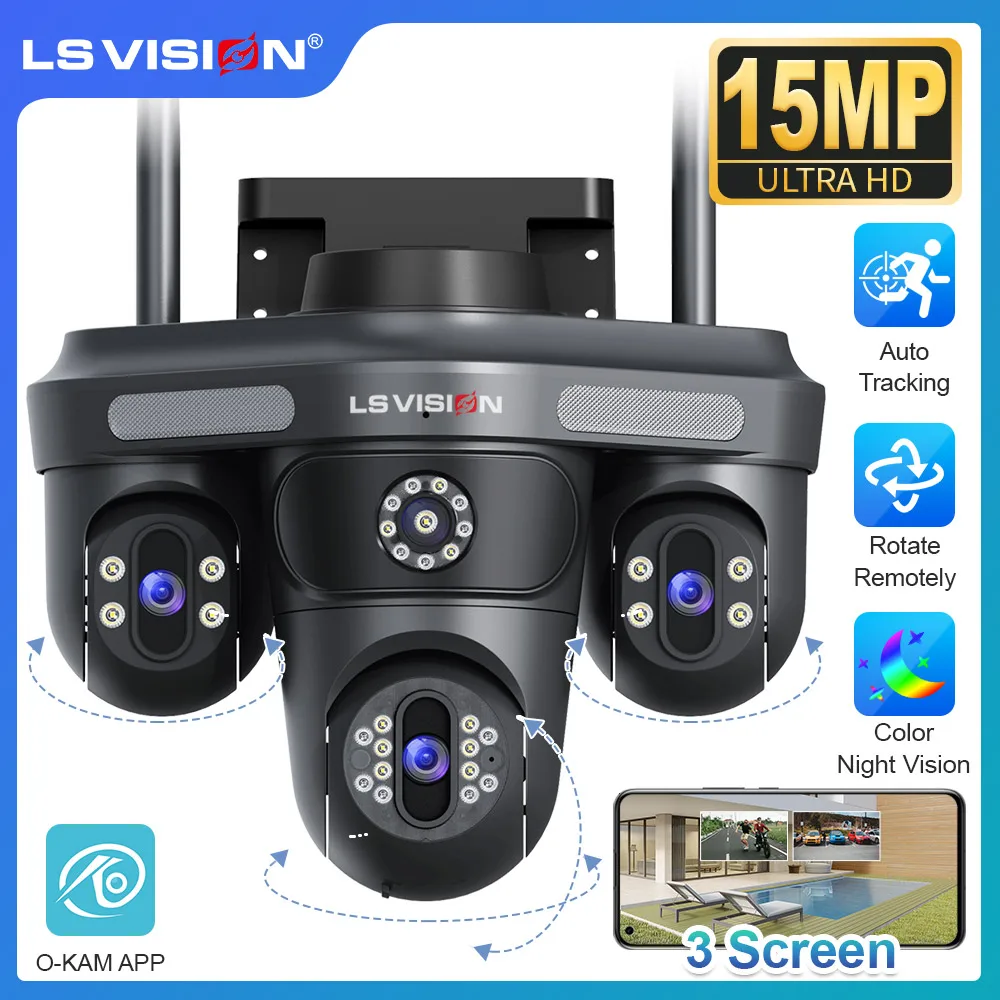 LS VISION 15MP WiFi IP Camera Three Screens Wireless Outdoor Three Lens Remote Rotation Human Auto Tracking CCTV Camera OKam App