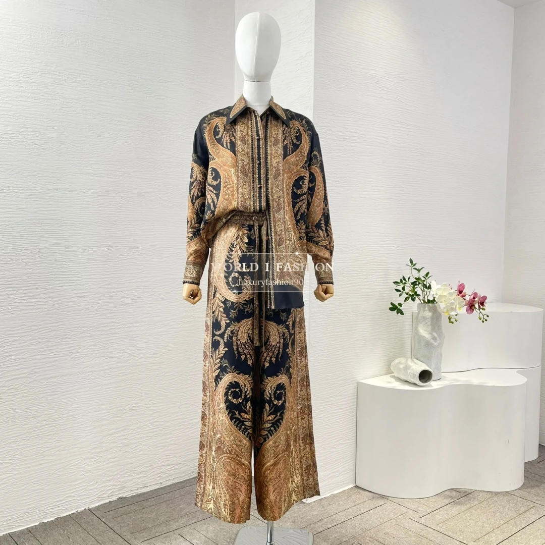 

Brown Black Paisley Print Long Sleeve Lapel Blouse Tops and Pants Set 2025 New