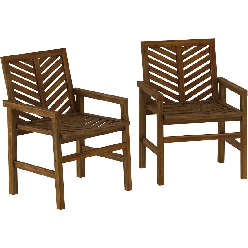 

2 Piece Outdoor Patio Chevron Wood Chair Set All Weather Backyard Conversation Garden Poolside Balcony, Set of 2, Dark Brown