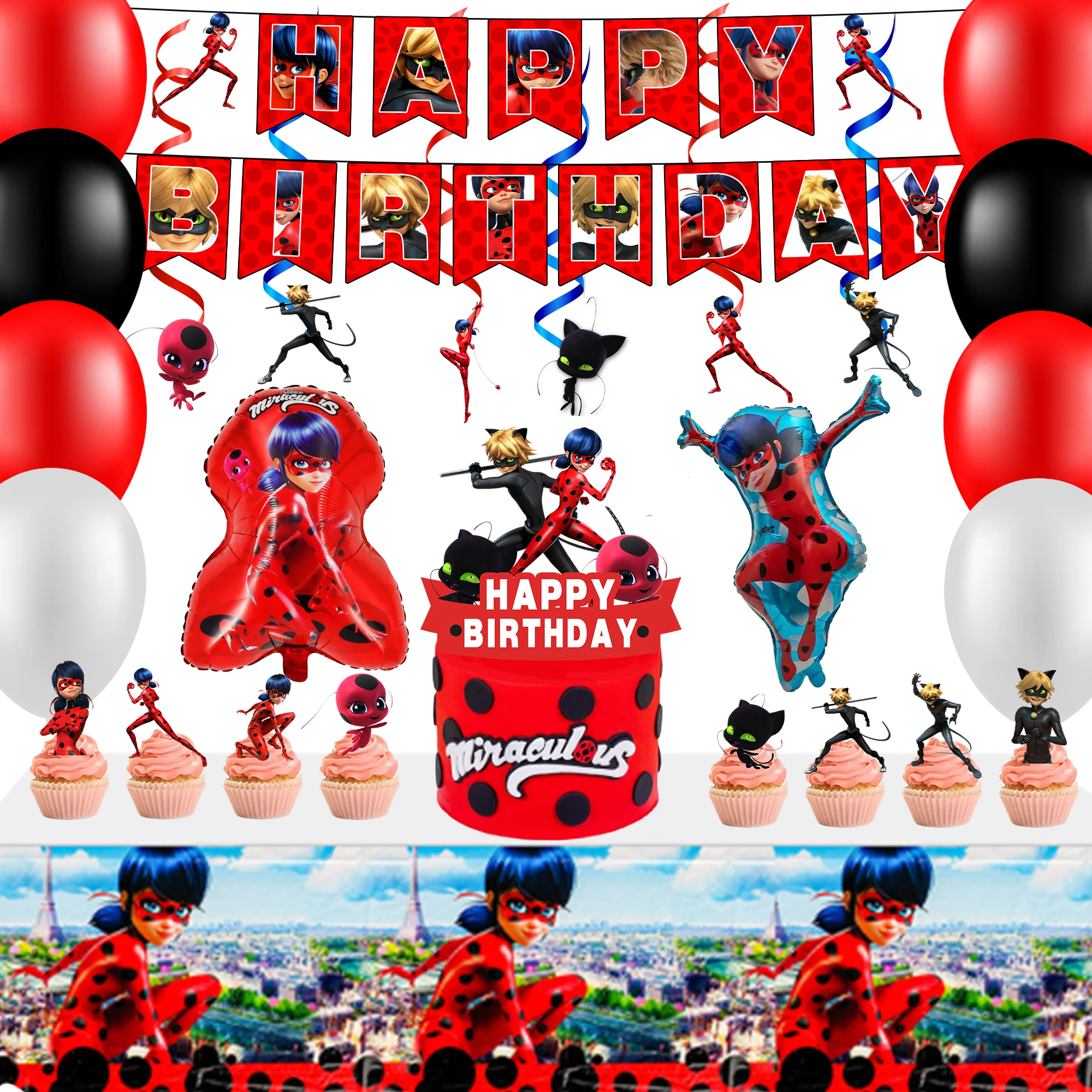 Set de 35 Piezas de Decoración de Cumpleaños de Miraculous Ladybug: Pancarta, Globos, Mantel, etc. Decoraciones para Fiesta de Miraculous Ladybug
