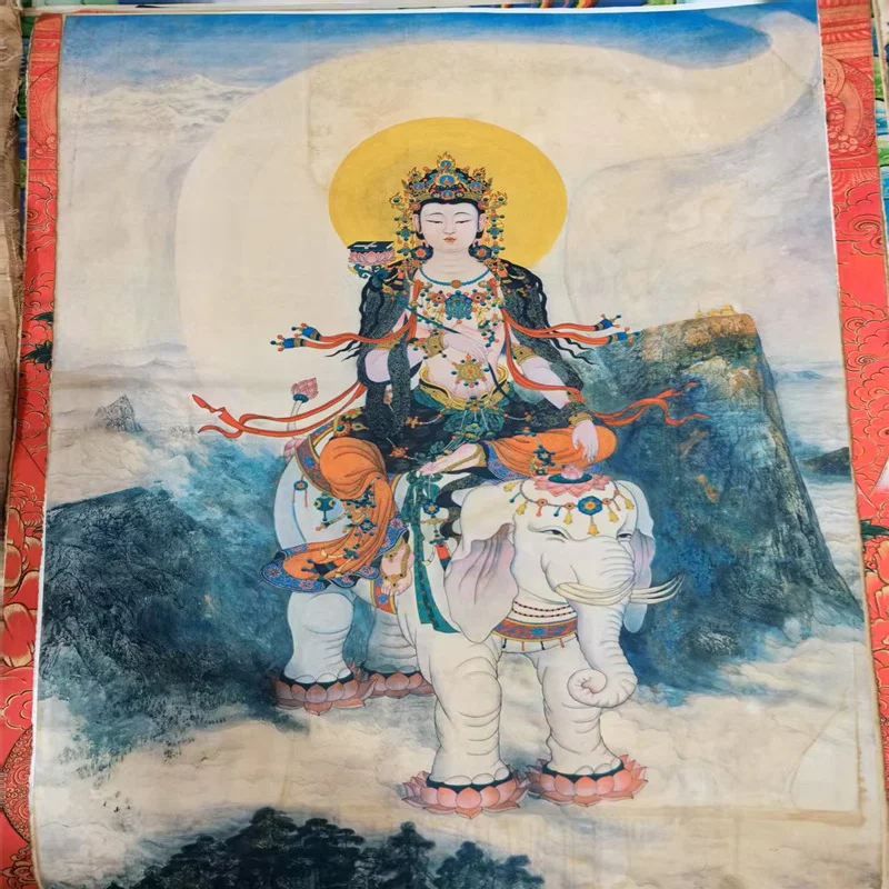 

Tibet fine Riding the White Elephant Bodhisattva Samantabhadra hand-painted kraft paper old Thangka