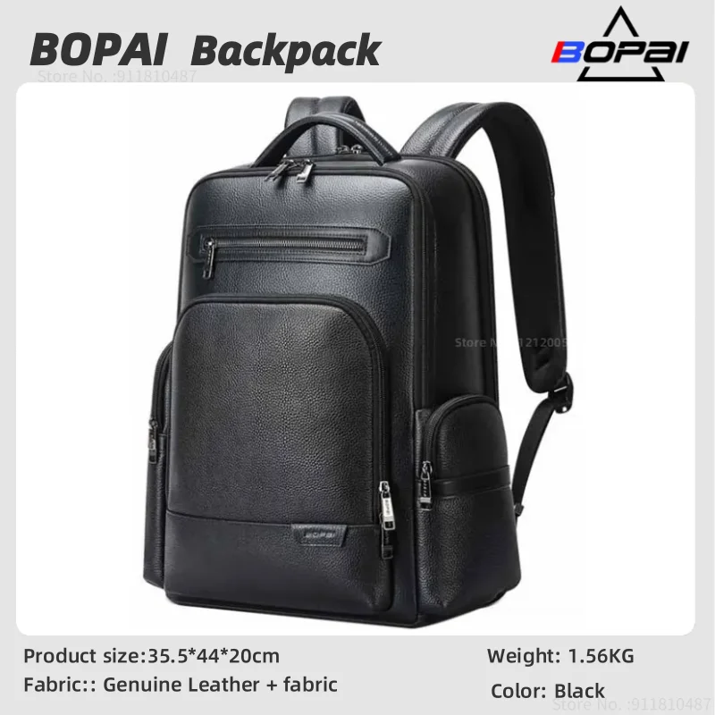 BOPAI Men's Fashion Business Backpack 15.6 Inch Laptop Backpacks Genuine Leather Men's Backpack USB Large Capacity Shoulder Bag