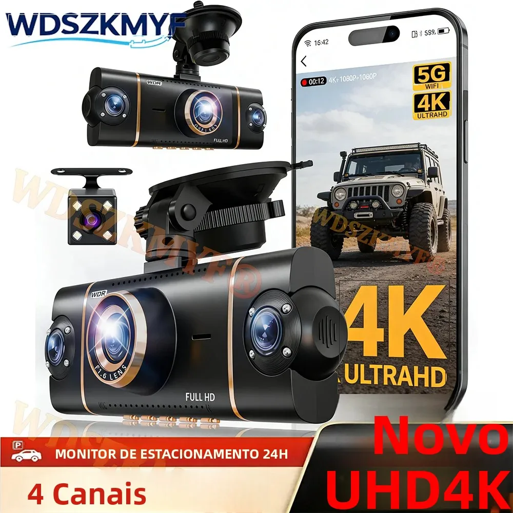 Câmera veicular 4K com quatro lentes, Wi-Fi e visão 360° °   Câmera DVR Automotiva com Monitoramento 24H, Visão Noturna Starlight e Acessório de Segurança para Carro