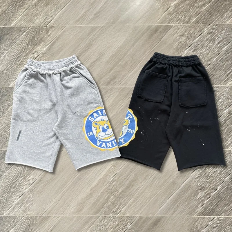 SAINT Retro Badge Bear Print Shorts High Street Cotton Casual Regular Fashion Women Men Short Pant