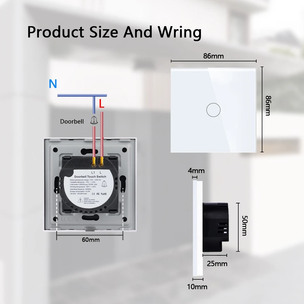 Tawoia Touch Doorbell Switch EU Standard Crystal Glass Panel LED Backlight Door Bell 1 Gang Switch 86*86mm Home Improvement