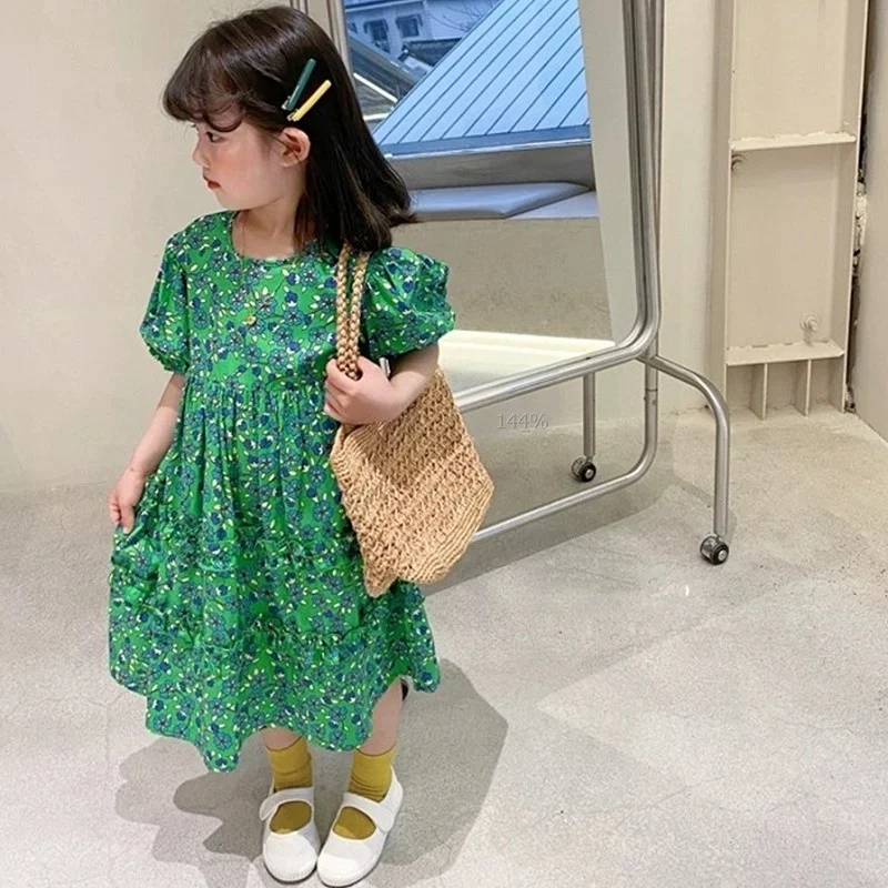 

Girl's Dress Green Forest Flowers Princess Dress 2026 High-quality Baby Girl Clothing Children's Gift 2-7T