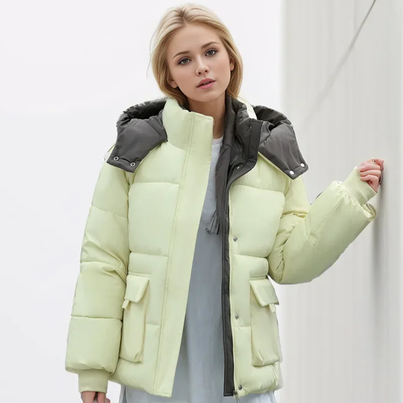 2024 Winter Women Hooded Parkas Thickened Warm Down Cotton Bread Jacket Fashion Color-Blocked Large Pocket Casual Cropped Coat