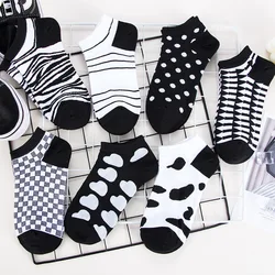 100% Cotton Black and White Vintage Poker Street Cute Women Ankle Socks Funny Print Boat Short Sox Invisible Lady Girls Autumn