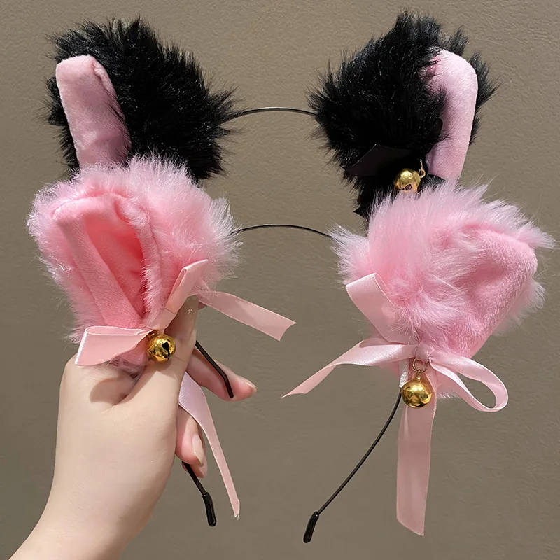 2Pcs Cat Ears Headband for Women Girls Lace Bow Necklace Plush Bell Hairband Cosplay Masquerade Party Costume Hair Accessories