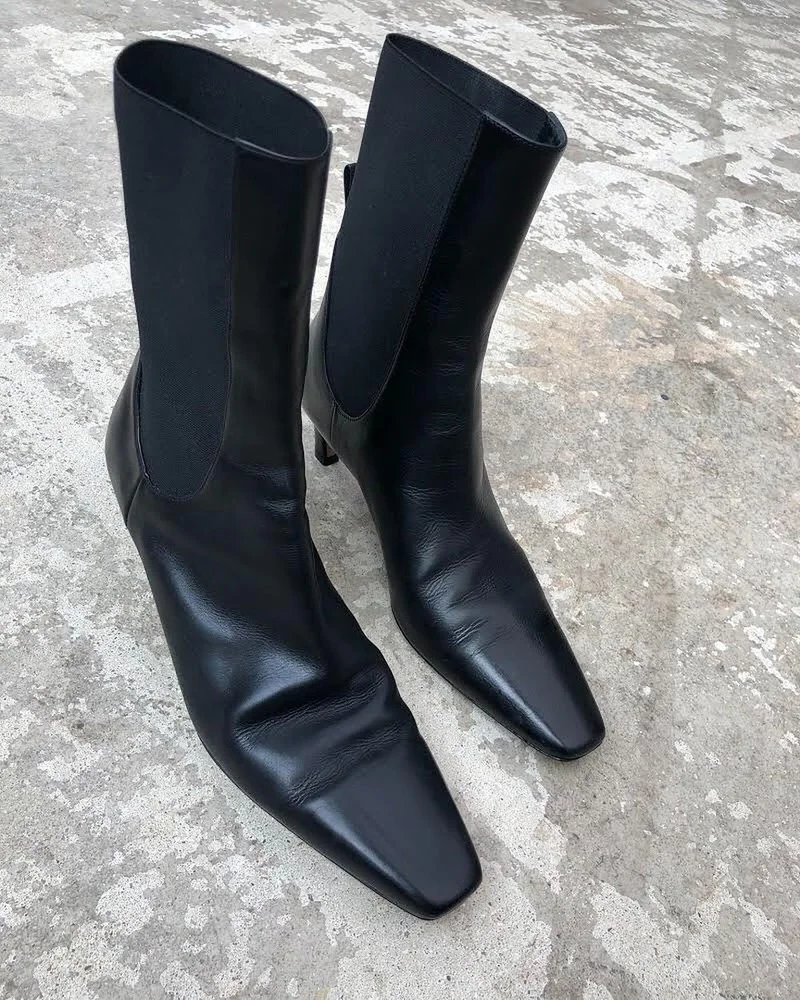 2022 Autumn New Real Leather Ladies Black Minimalist Pointed Toe Socks Shoes Low-heeled Ankle Boots Women