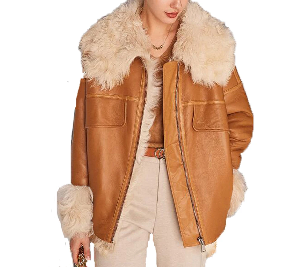 Denny&Dora Womens Sheepskin And Fur Coat Womens Shearling Aviator Jacket Warm Natural Fur Coat