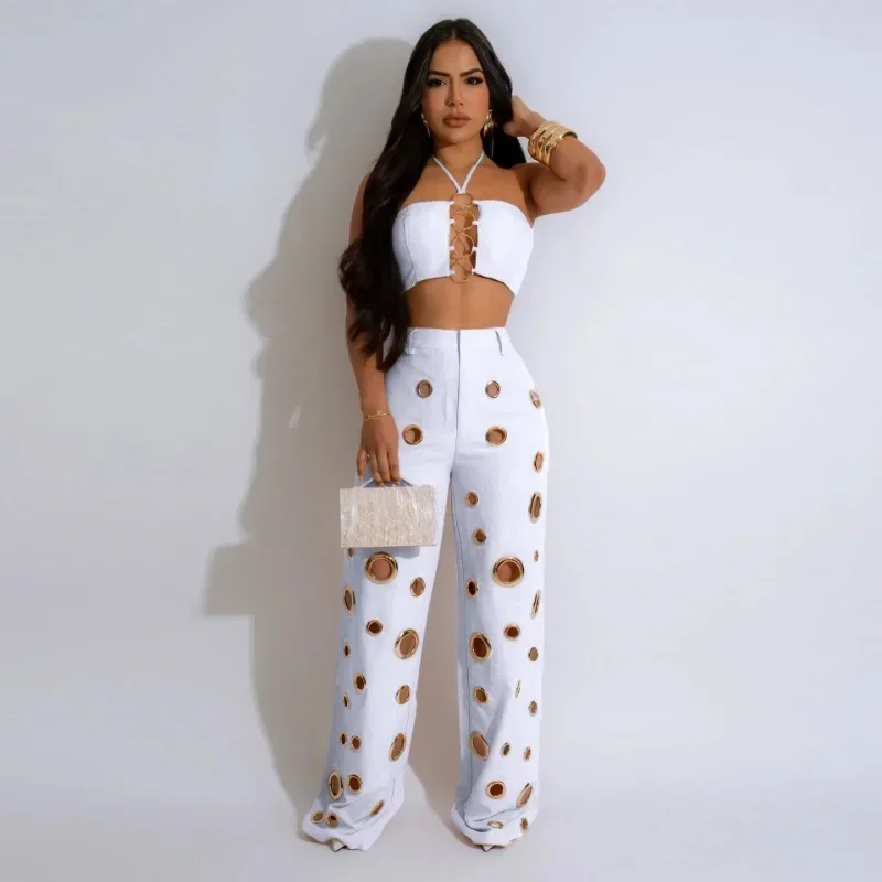 KEXU Sexy Night Party 2 Piece Sets Women Outfit Clubwear Festival Clothing Halter Crop Top and Pants Conjuntos Femininos