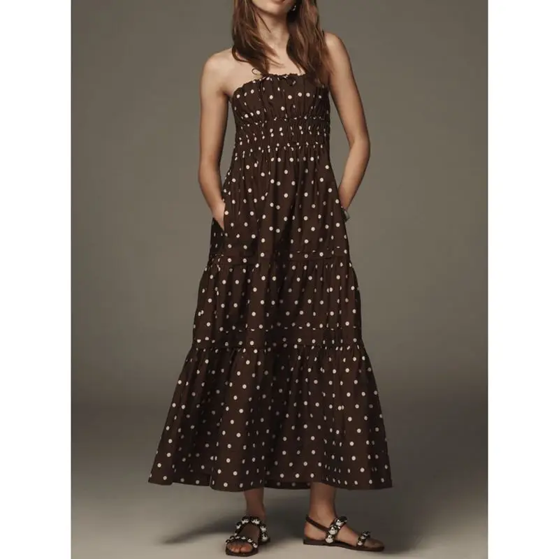 Combhasaki Vestido largo sin tirantes con estampado de puntos/color sólido con cordón frontal ahumado sin espalda y corte en A fluido con bolsillos